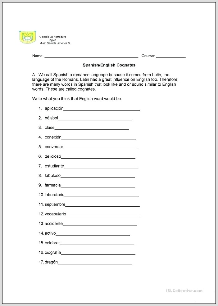 Cognates Worksheet Second Grade