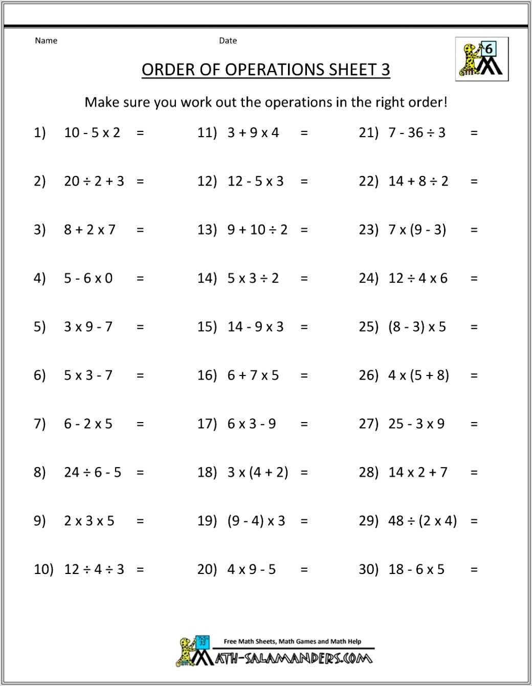 Common Core Worksheet Order Of Operations