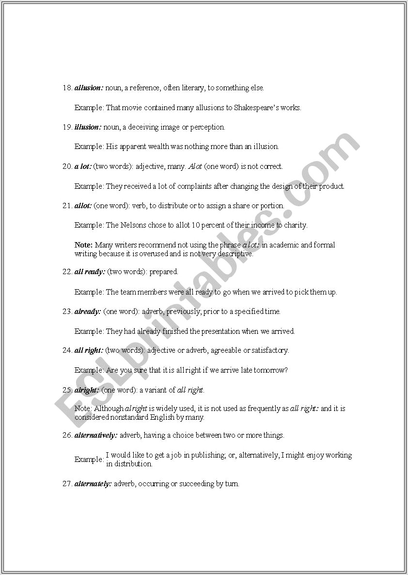 Commonly Confused English Words Worksheet