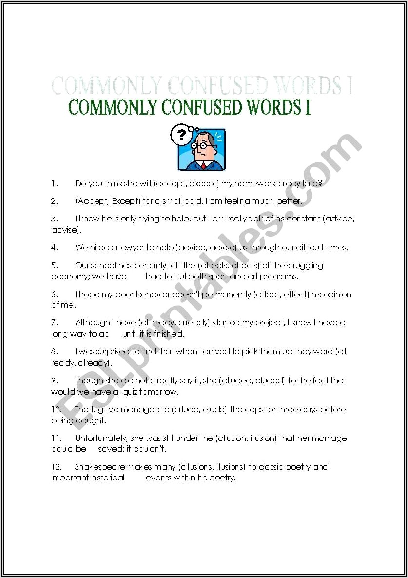 Commonly Confused Words Worksheet Esl