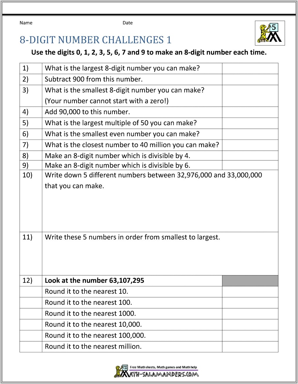 Comparing Numbers Through Millions Worksheet