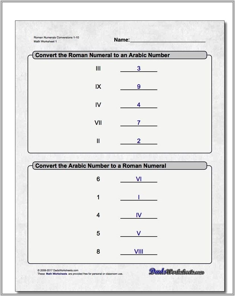Comparing Roman Numerals Worksheet