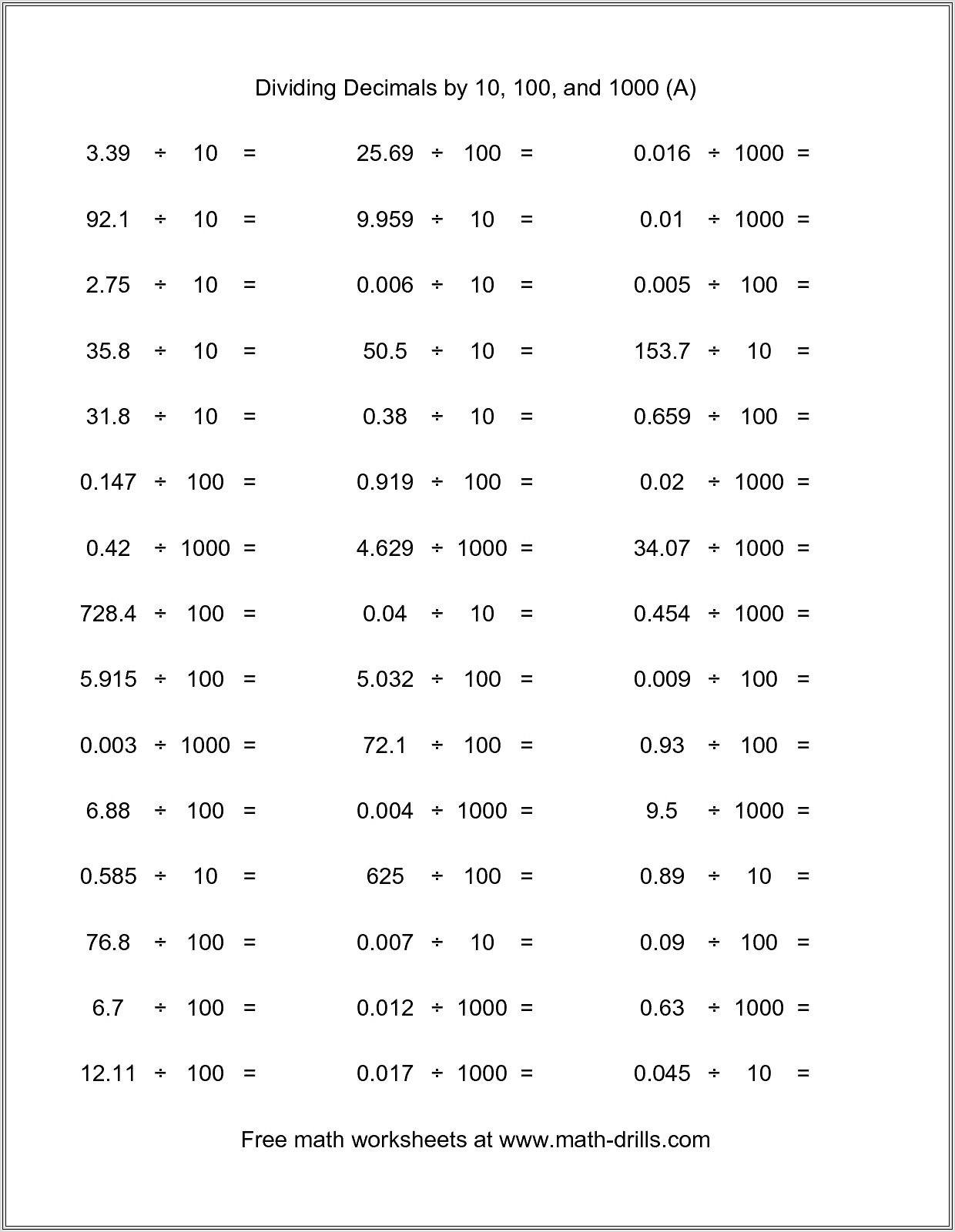 Comparing Whole Numbers Decimals Worksheet