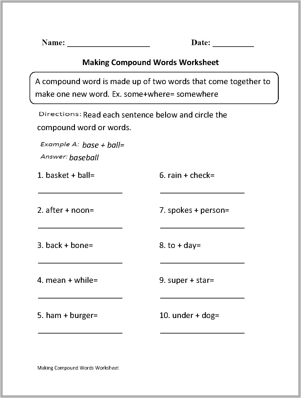 Compound Words Worksheet For 4th Grade