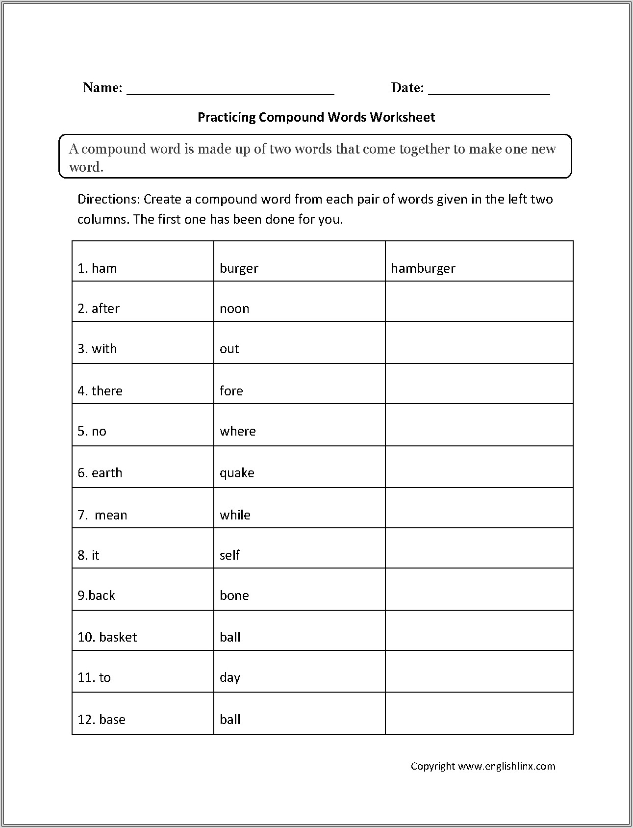 Compound Words Worksheet Grade 4 Pdf