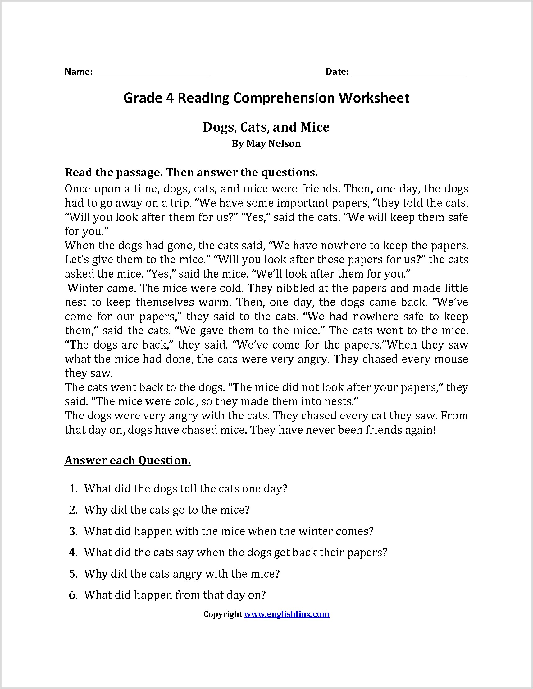 Comprehension Passages And Questions For Grade 4