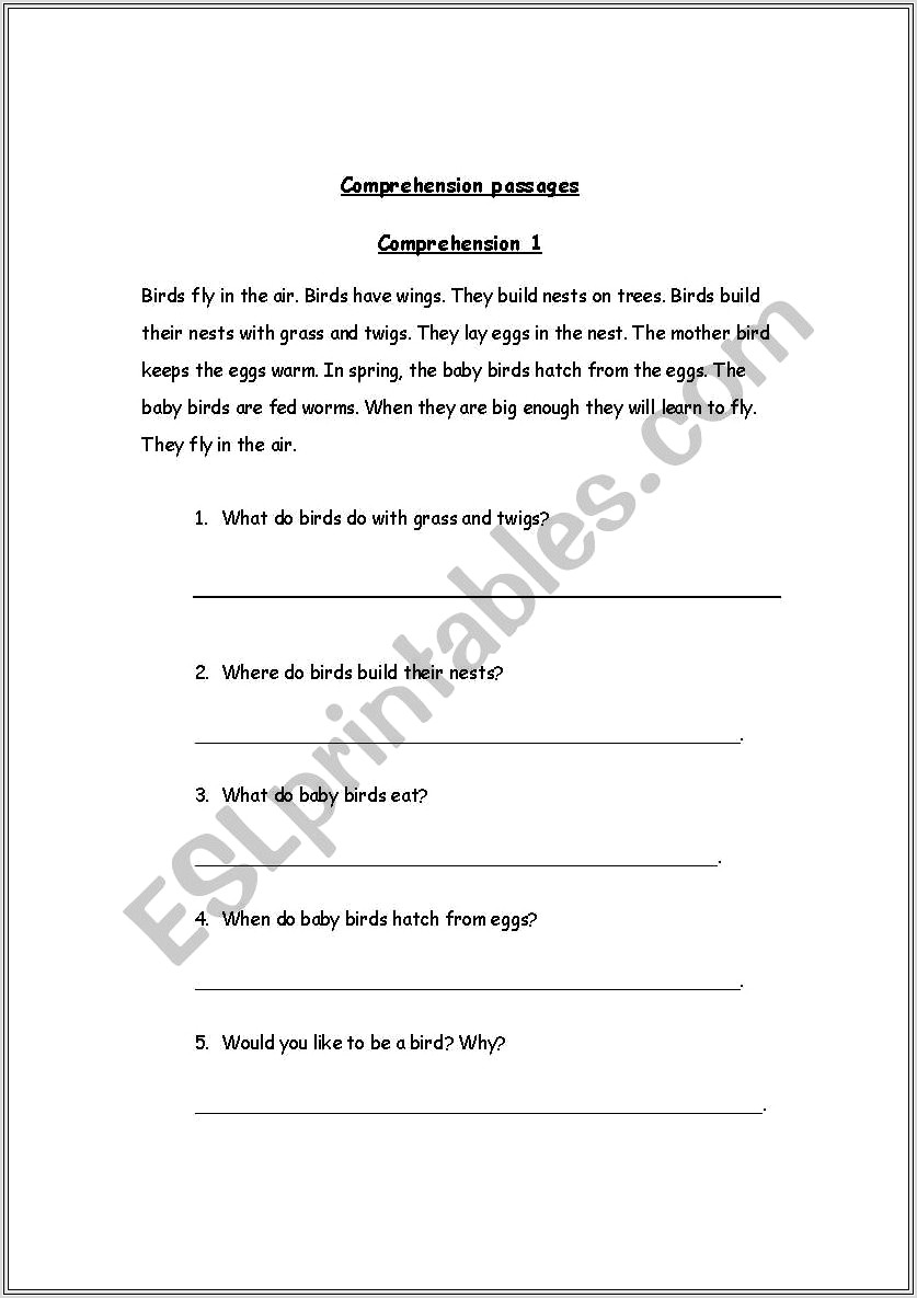 Comprehension Passages With Questions For Grade 1