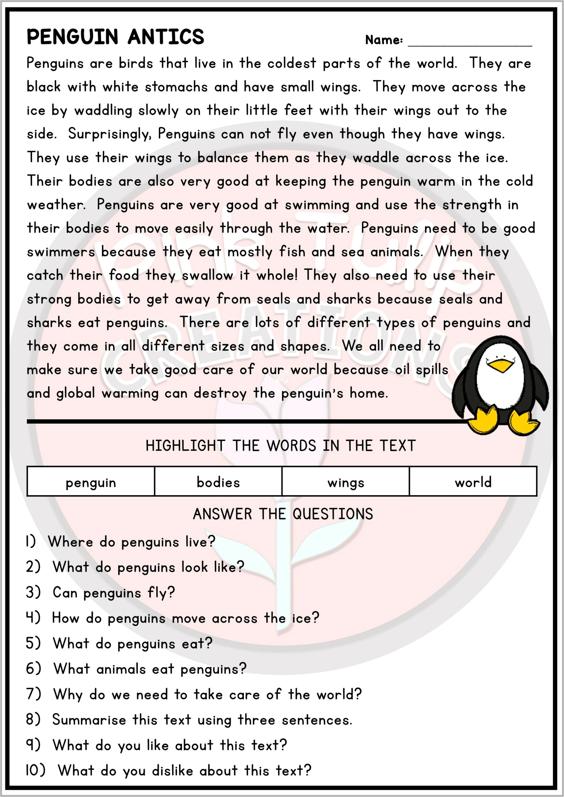 Comprehension Worksheet With Answers