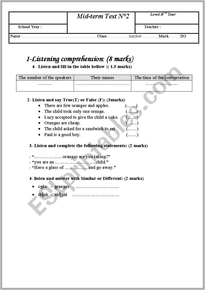Comprehension Worksheet Year 8