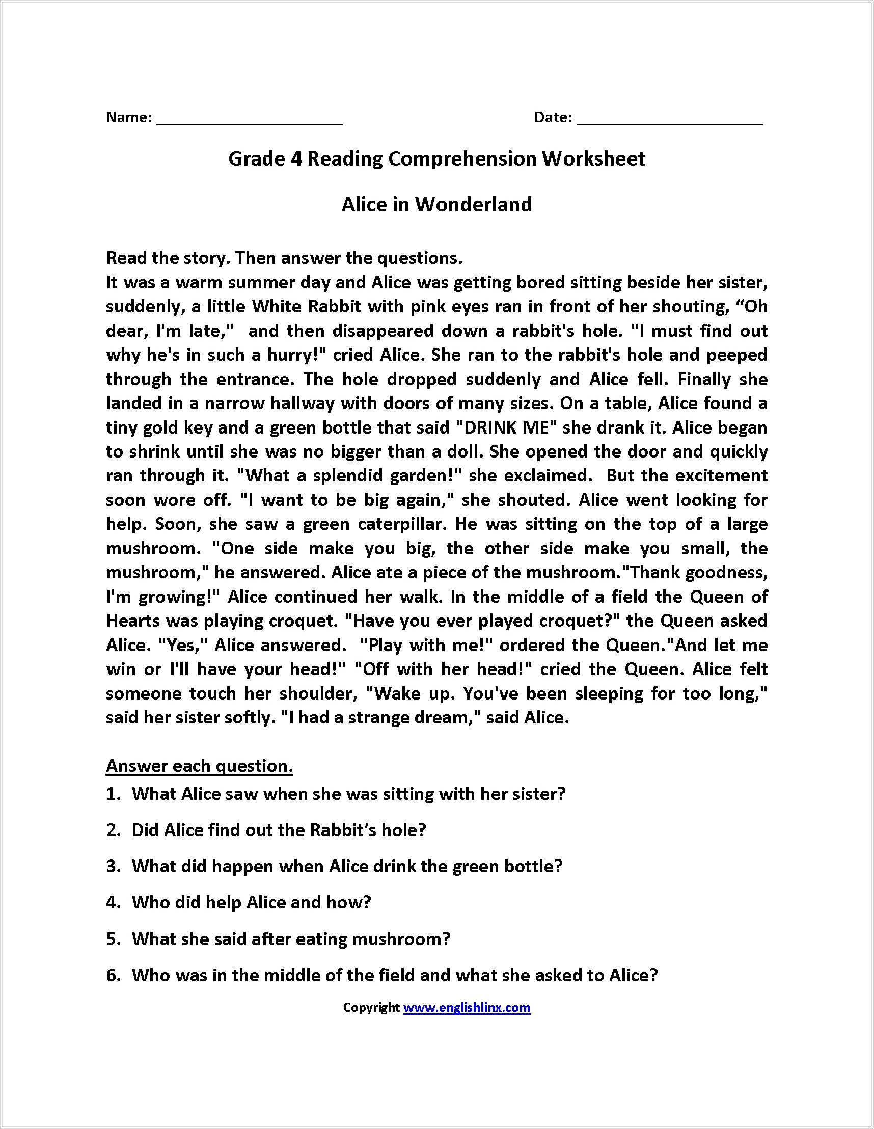 Comprehension Worksheets Grade 4th