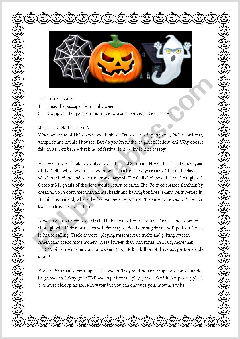 Comprehension Worksheets On Halloween