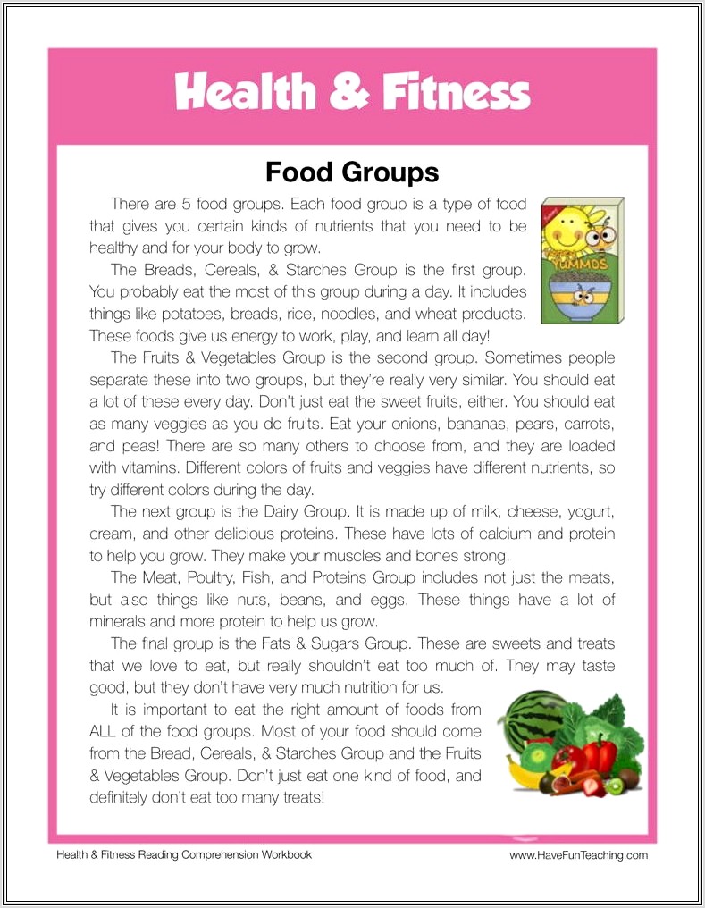 Comprehension Worksheets On Nutrition