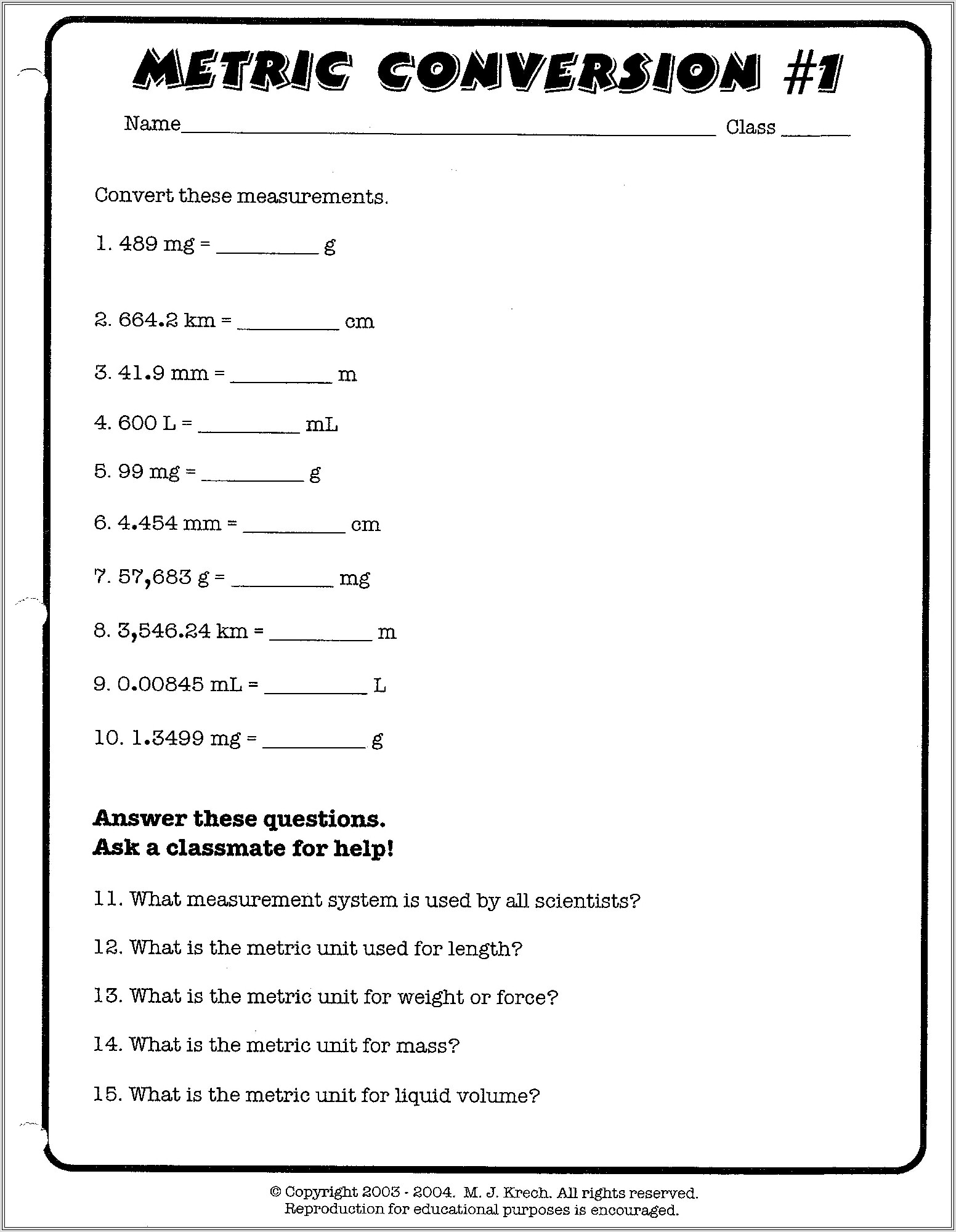 Conversion Worksheets English To Metric