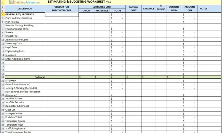 Cost Estimating Worksheet Excel