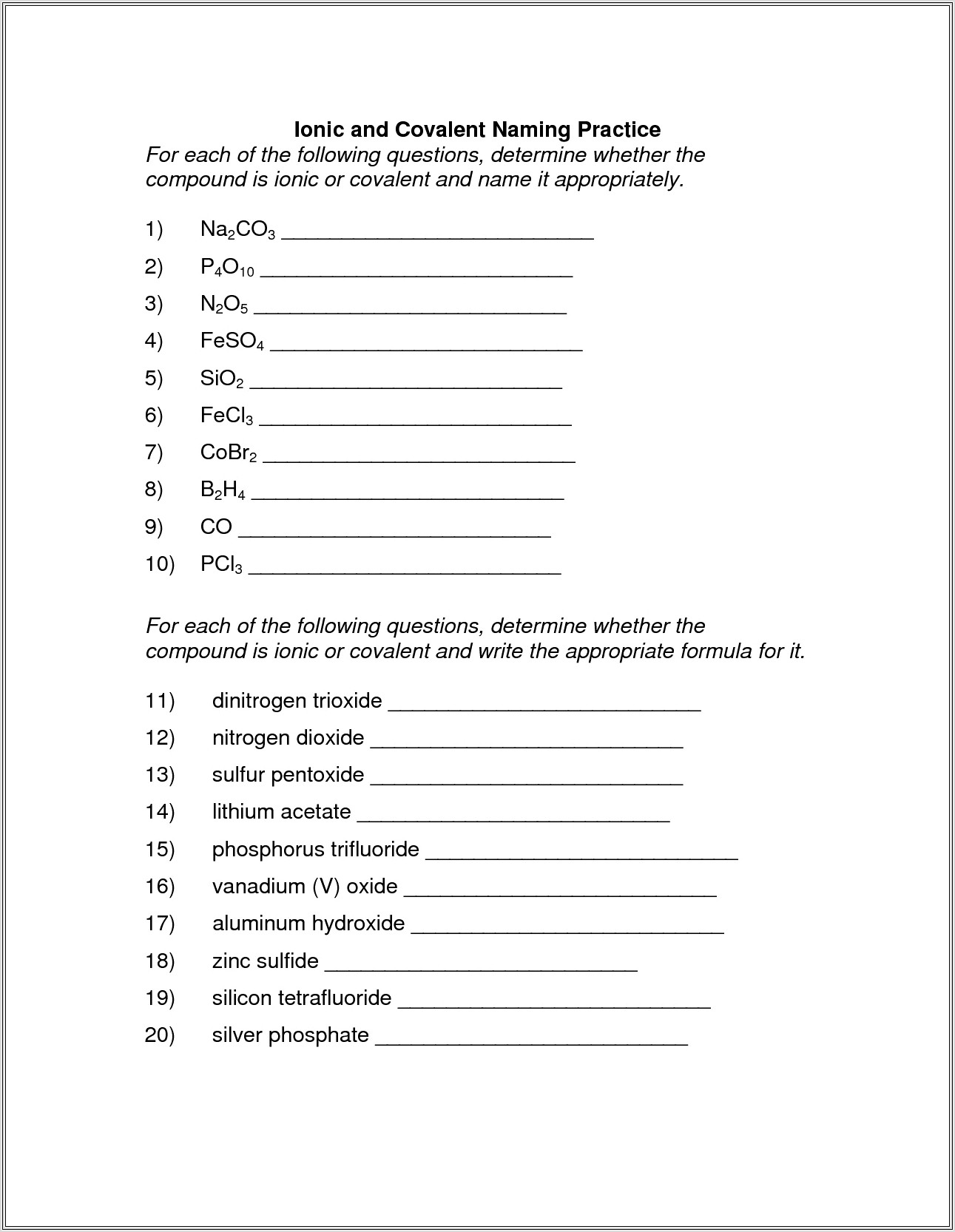 Covalent Naming And Formula Writing Practice Worksheet