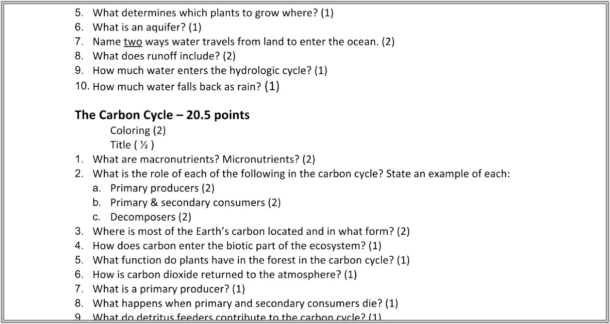 Cycles Worksheet Carbon Cycle