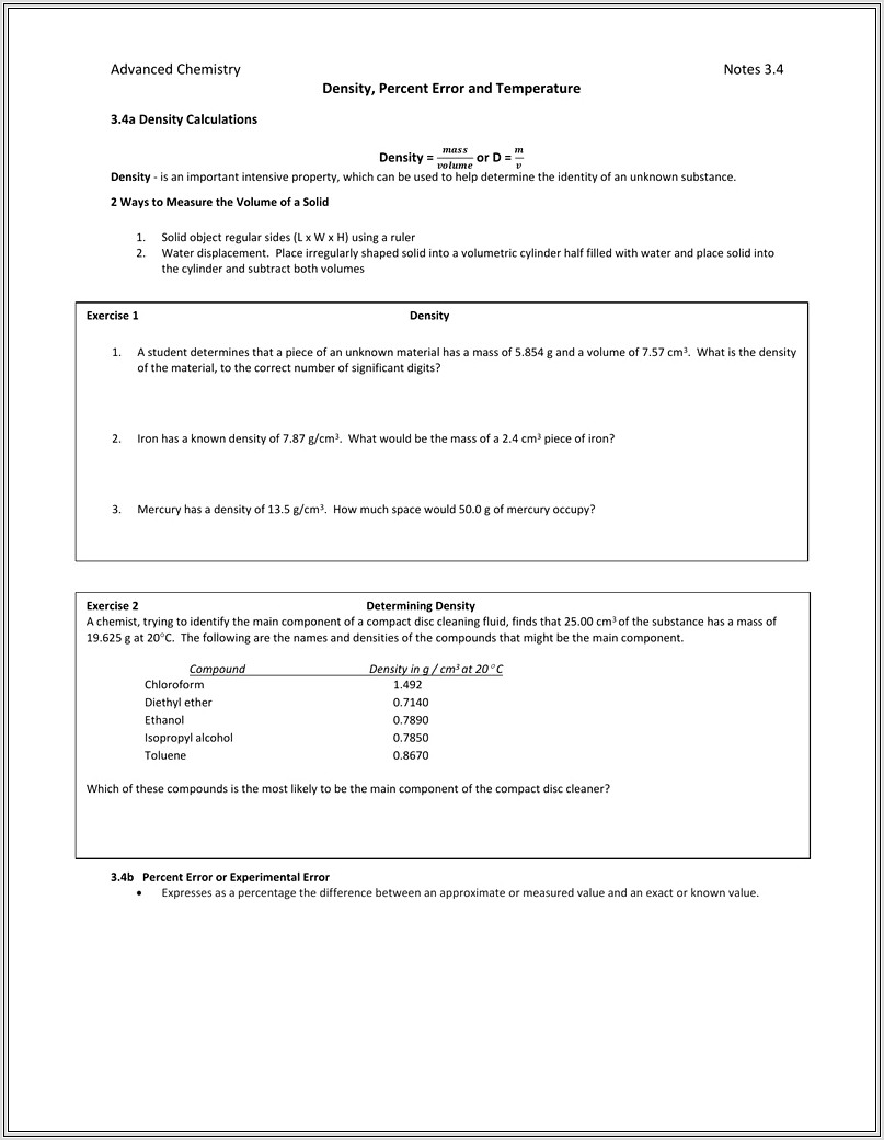 Density And Percent Error Worksheet Answers