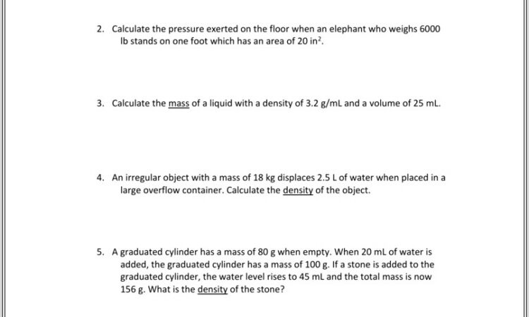 Density Calculations Worksheet Middle School