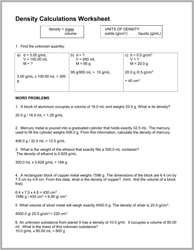 Density Formula Worksheet With Answers