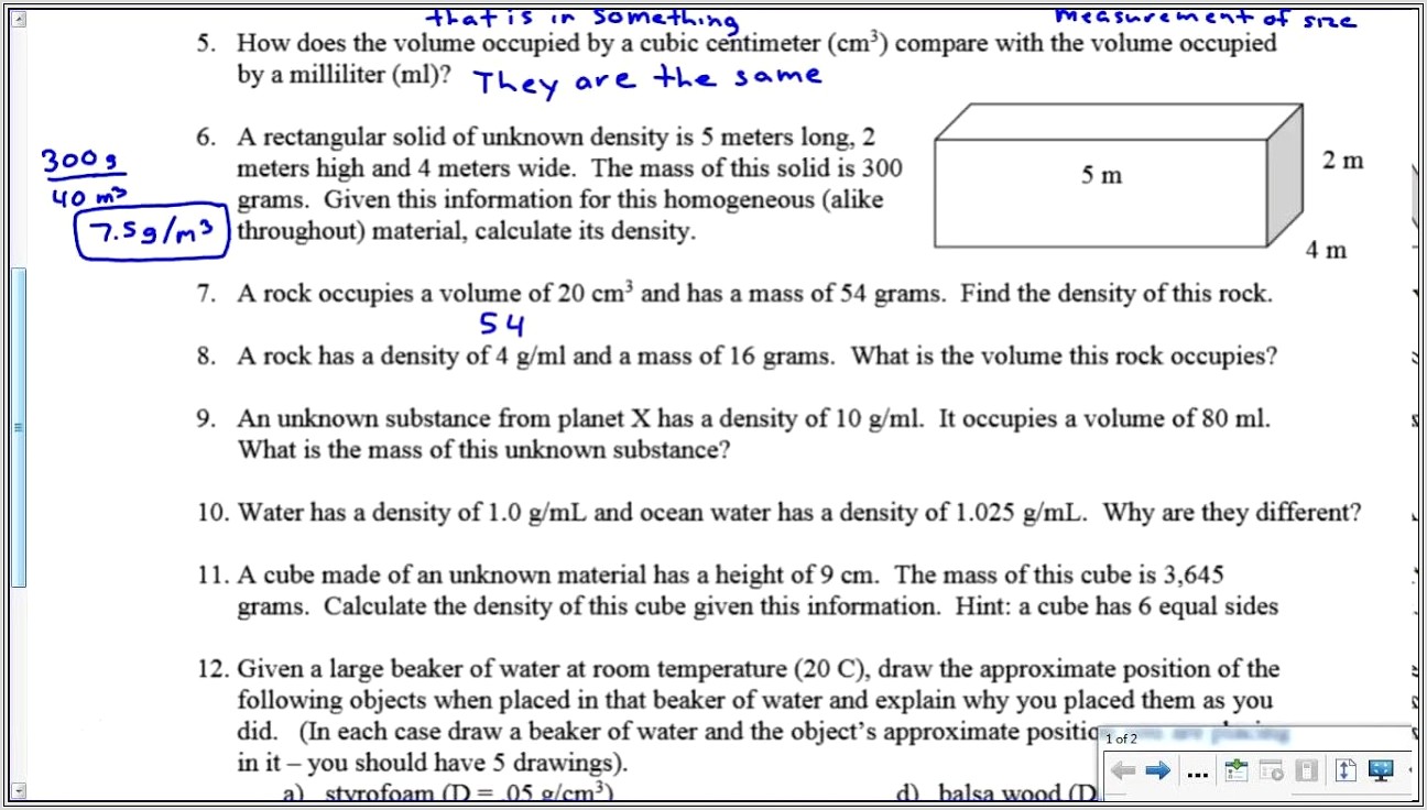 Density Mass Volume Worksheet With Answers