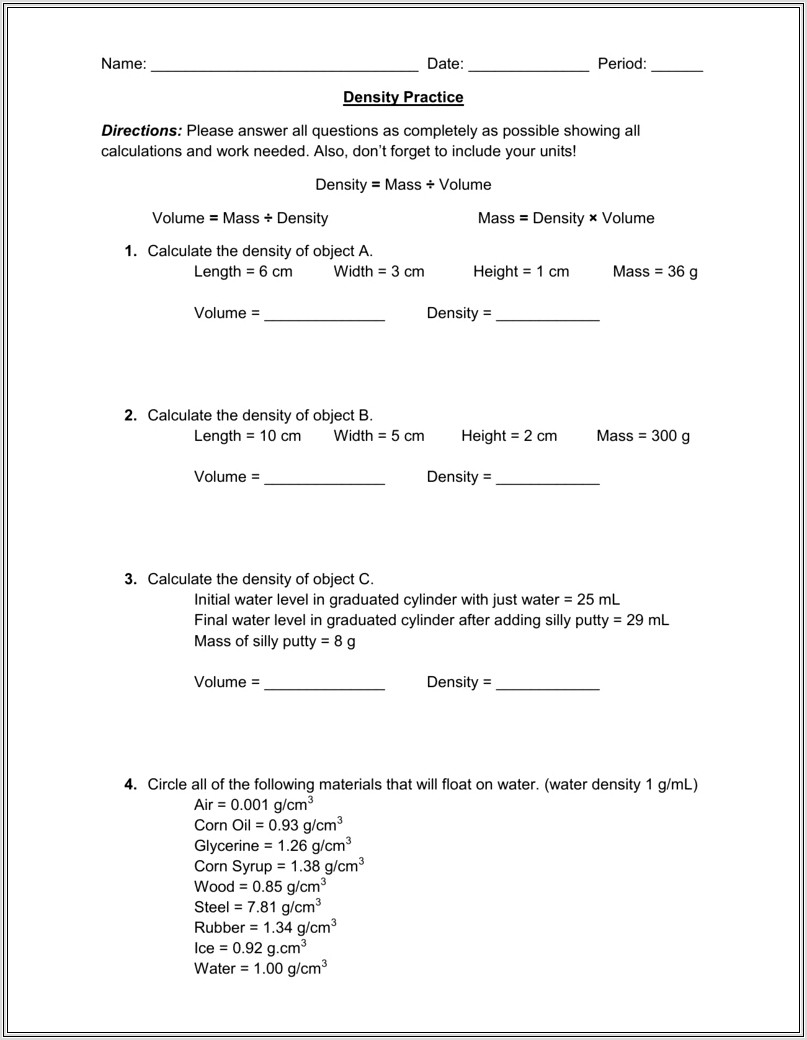 Density Practice Worksheet 81 Answers
