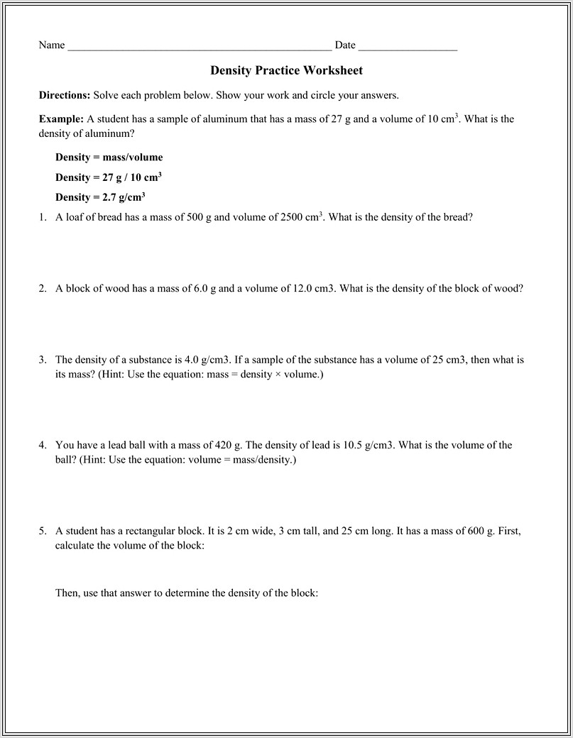 Density Practice Worksheet Doc