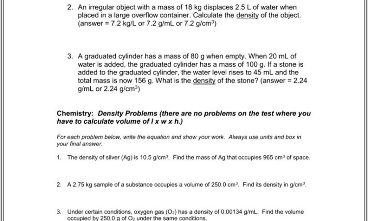 Density Problem Worksheet 2 Answers