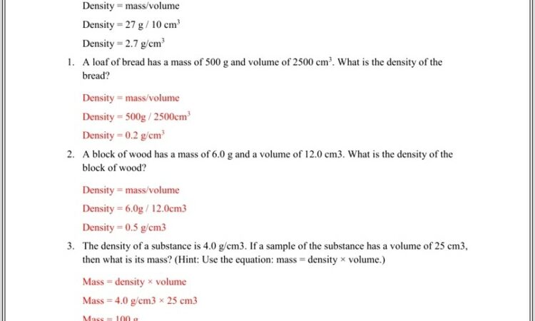 Density Problems Worksheet With Answers