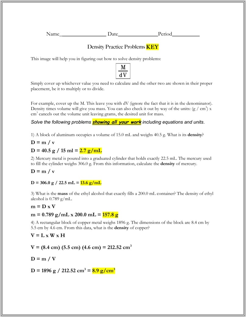 Density Questions Worksheet Answers