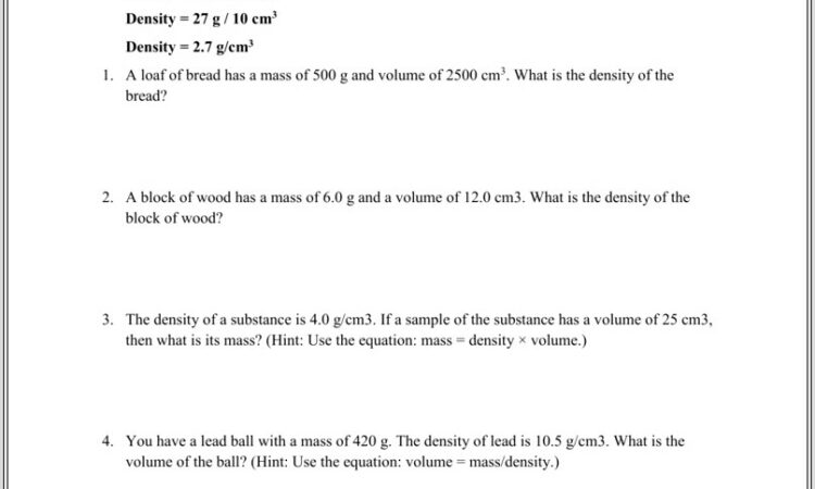 Density Worksheet 1 Answer Key