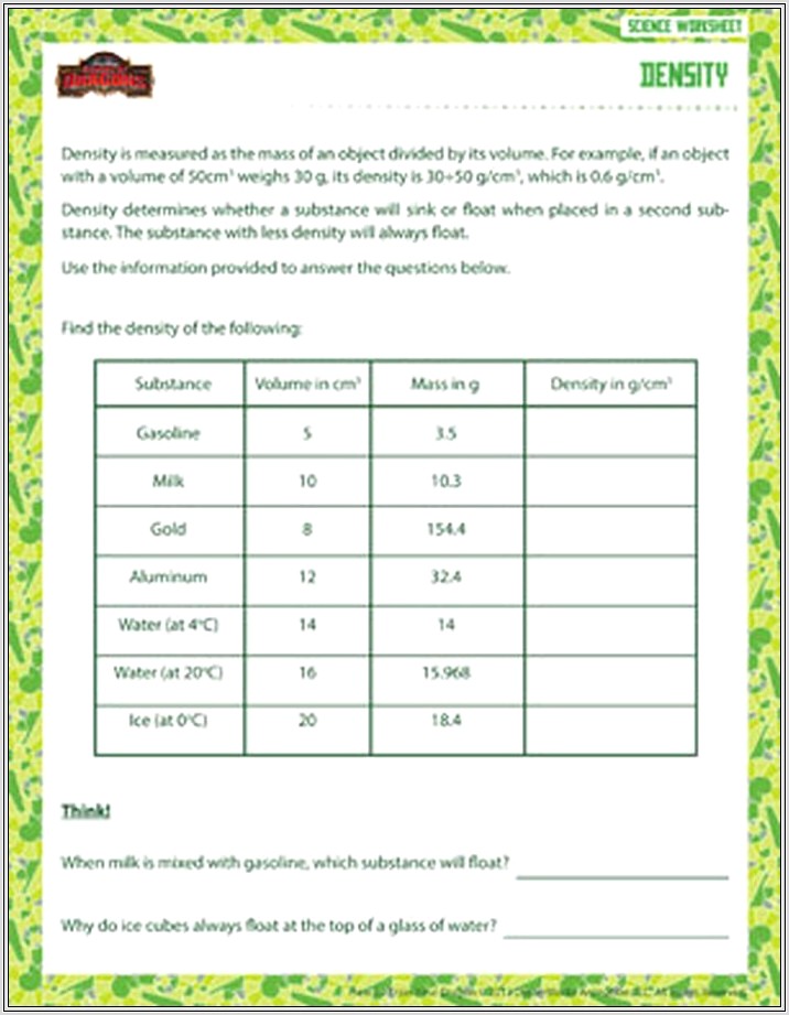 Density Worksheet 6th Grade