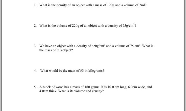 Density Worksheet Answers 1 7