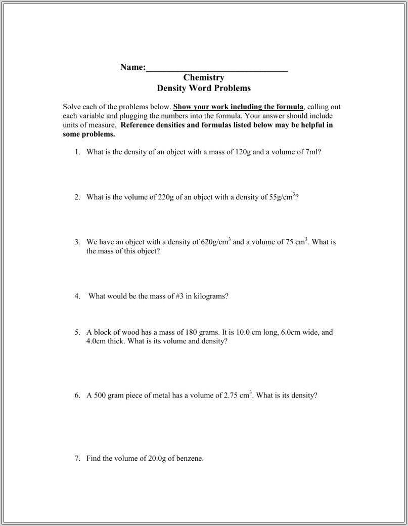 Density Worksheet Answers 1 7
