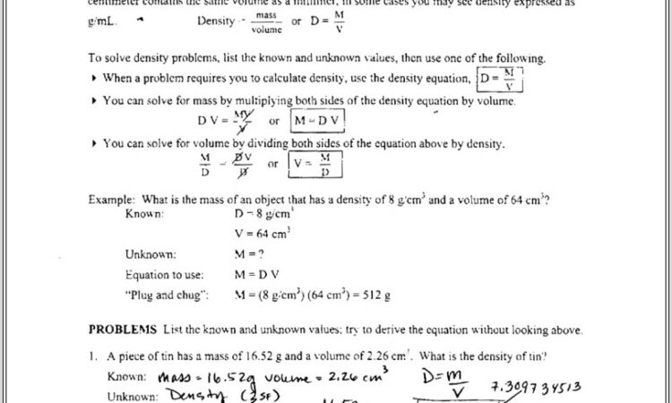 Density Worksheet Answers Chemistry