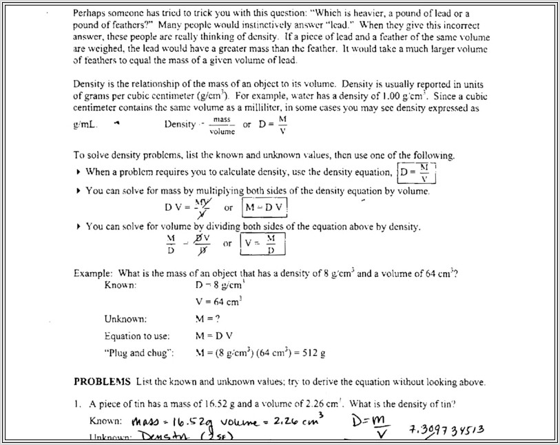 Density Worksheet Chemistry In Context Answers