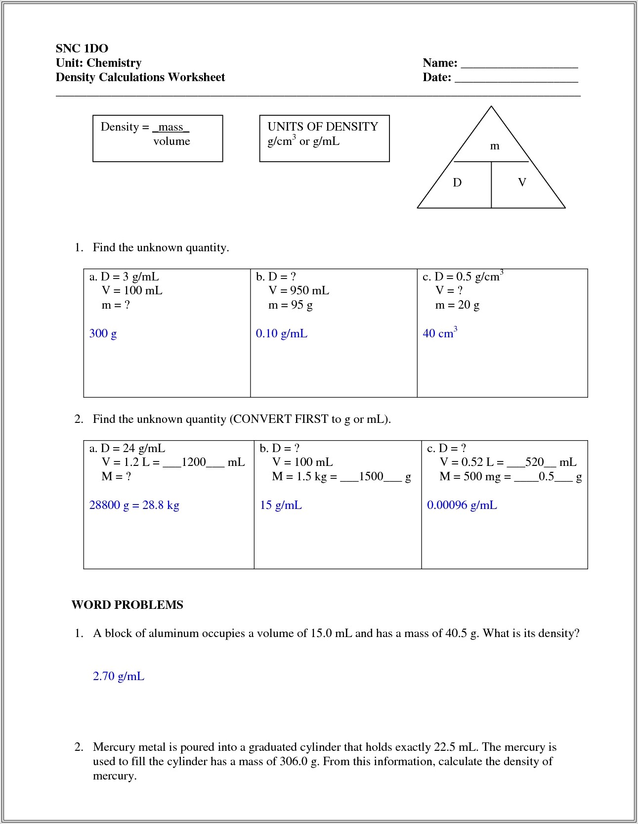 Density Worksheet For Middle School