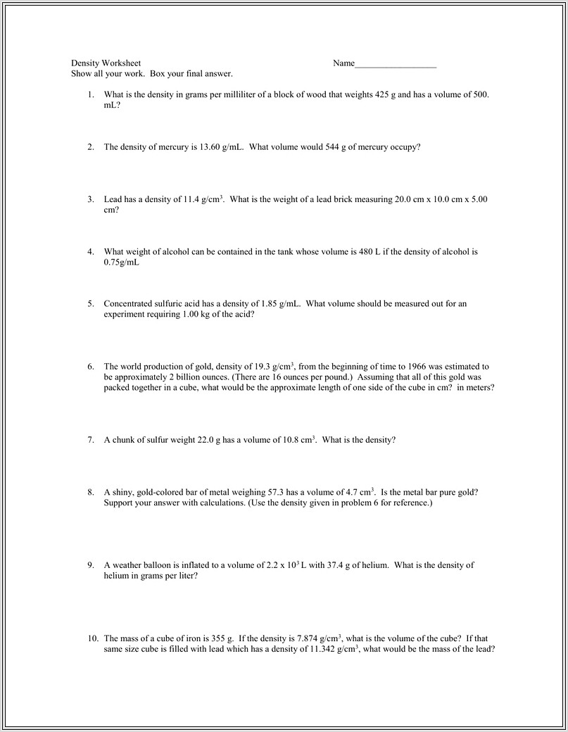Density Worksheet Record All Your Work Answers