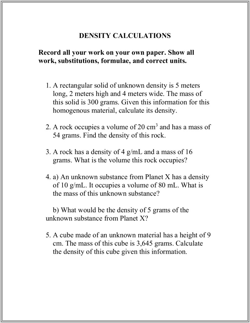 Density Worksheet Record All Your Work