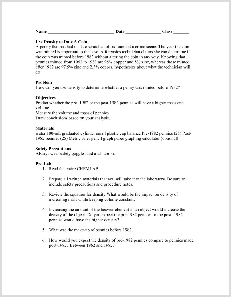 Density Worksheet Use Pencil