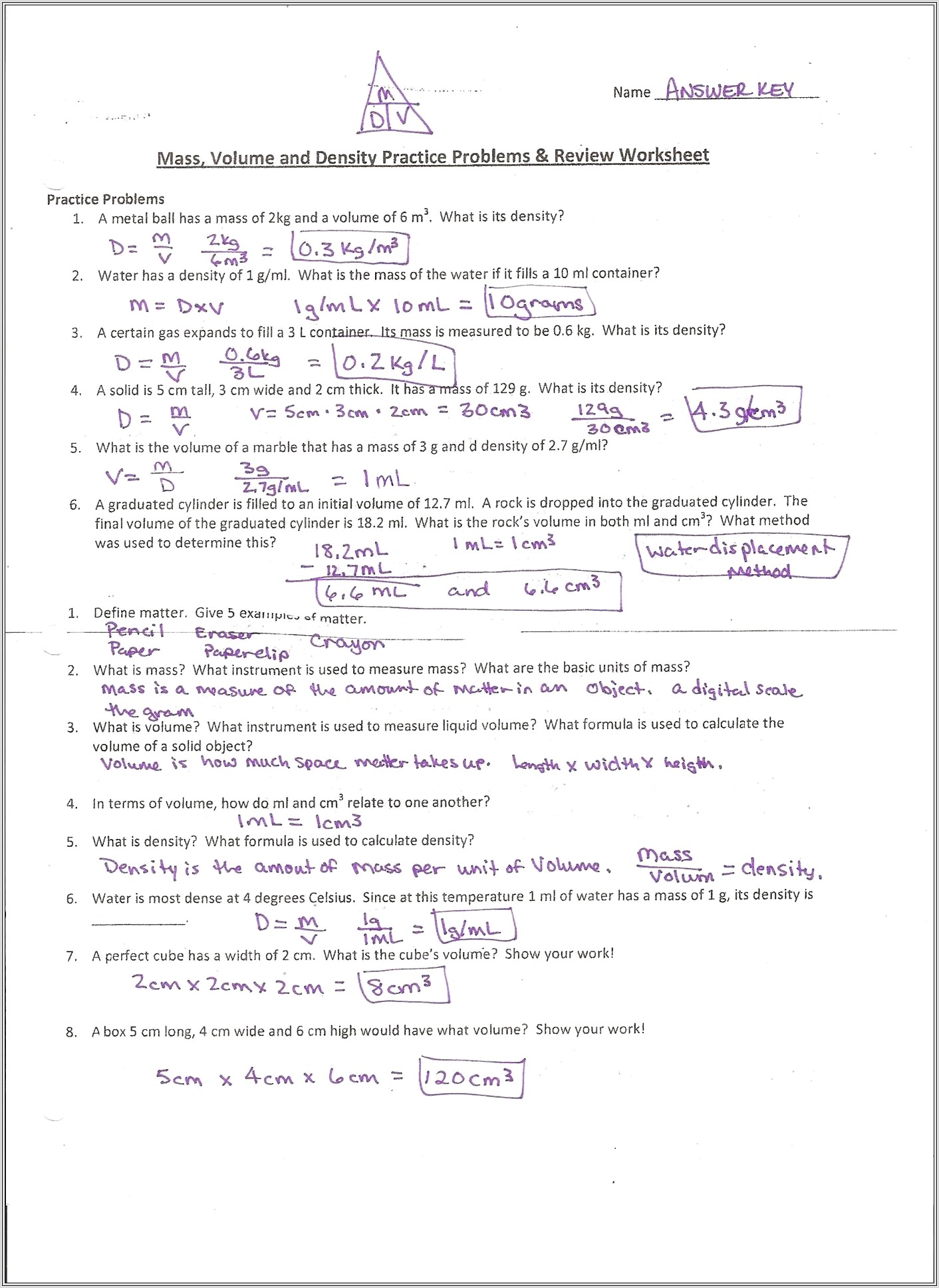Density Worksheet With Answers