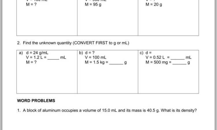 Density Worksheet With Graduated Cylinder