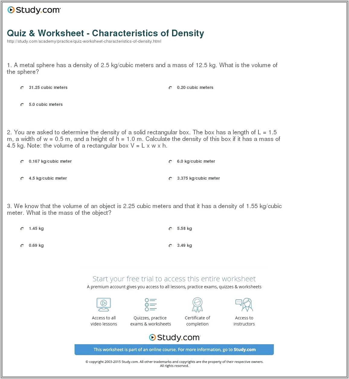 Density Worksheets For Fifth Grade