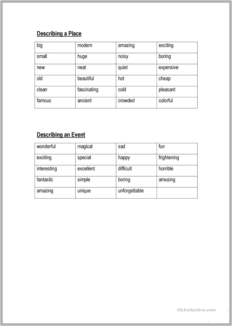 Describing Words Printable Worksheet