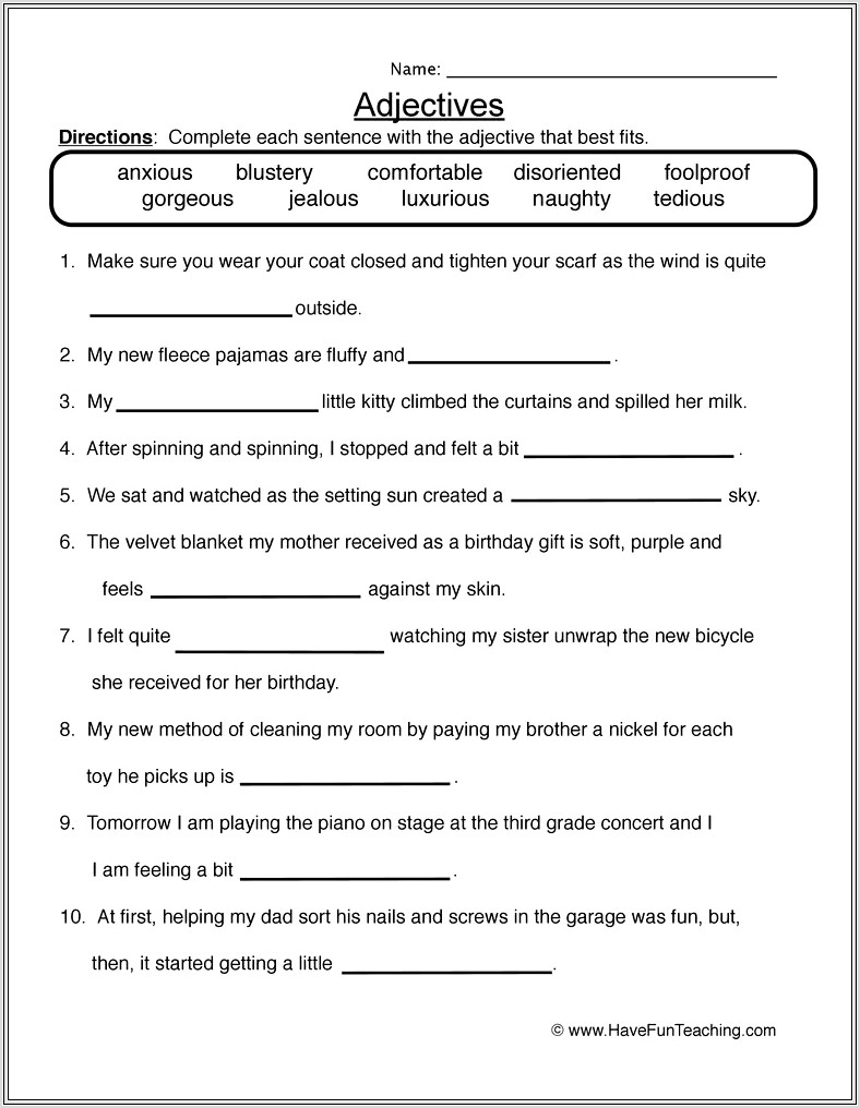 Descriptive Adjectives Worksheet 6th Grade