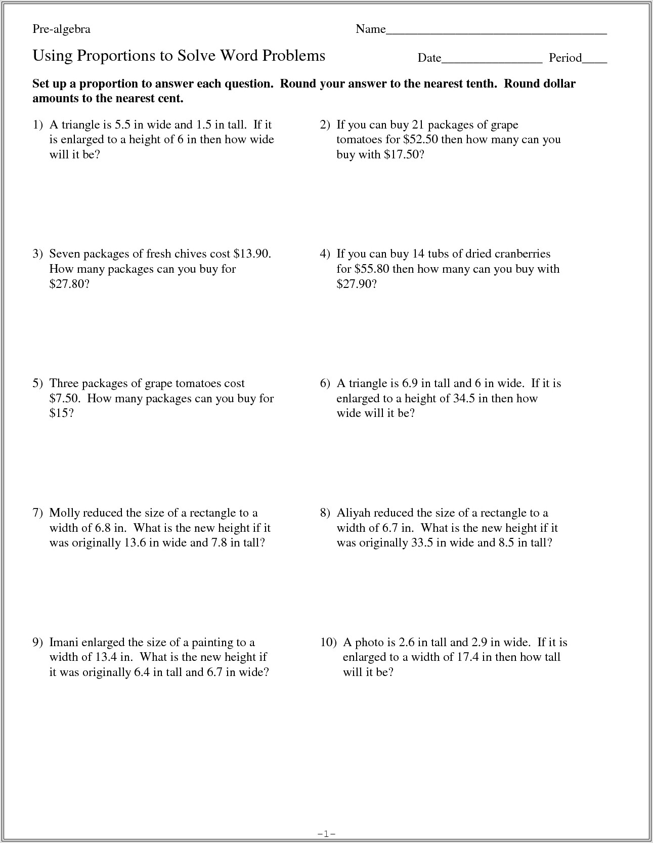 Direct Proportion Word Problems Worksheets