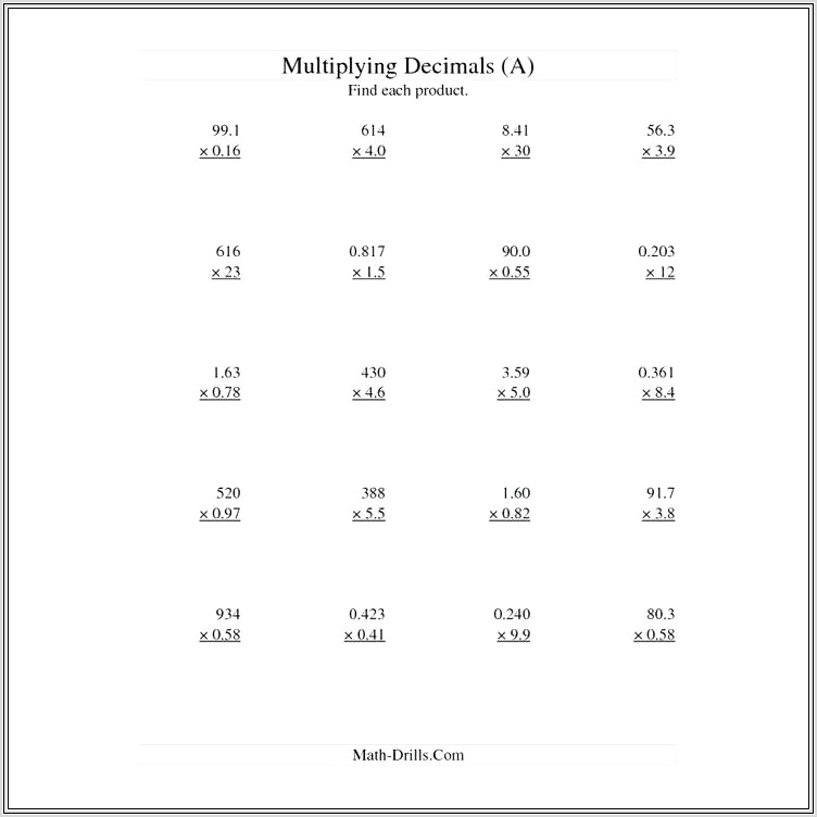 Dividing Decimals And Whole Numbers Worksheet