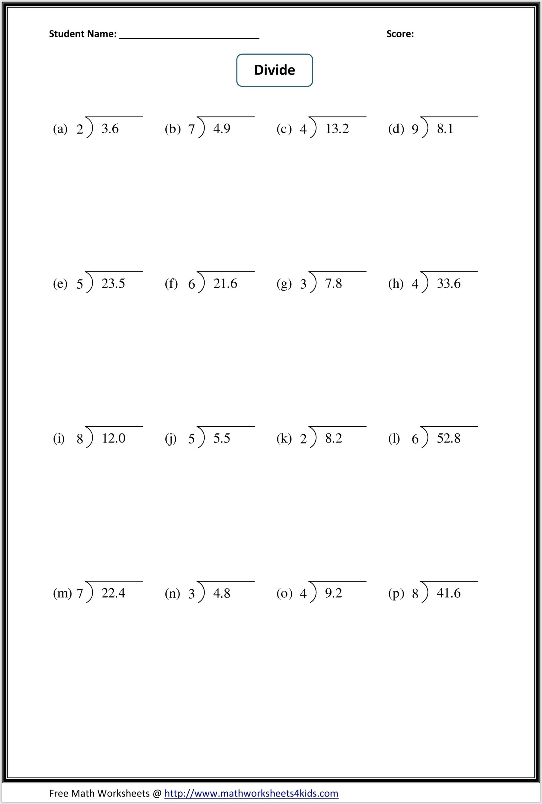Dividing Decimals With Whole Numbers Worksheet
