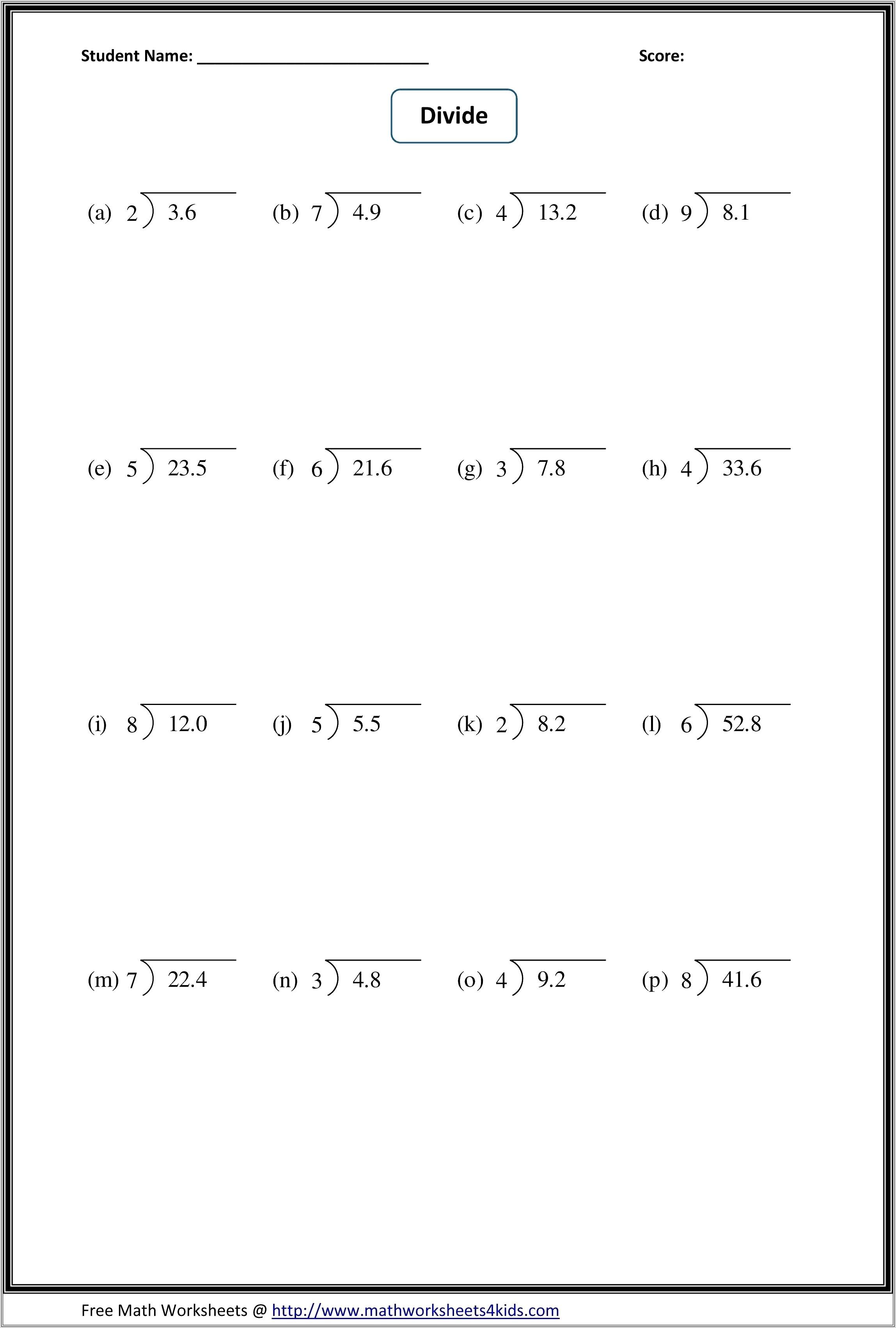 Dividing Decimals With Whole Numbers Worksheet