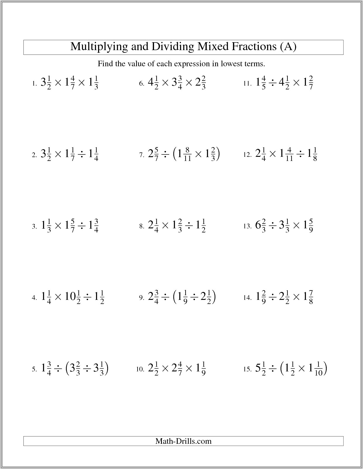 Dividing Mixed Fractions And Whole Numbers Worksheet