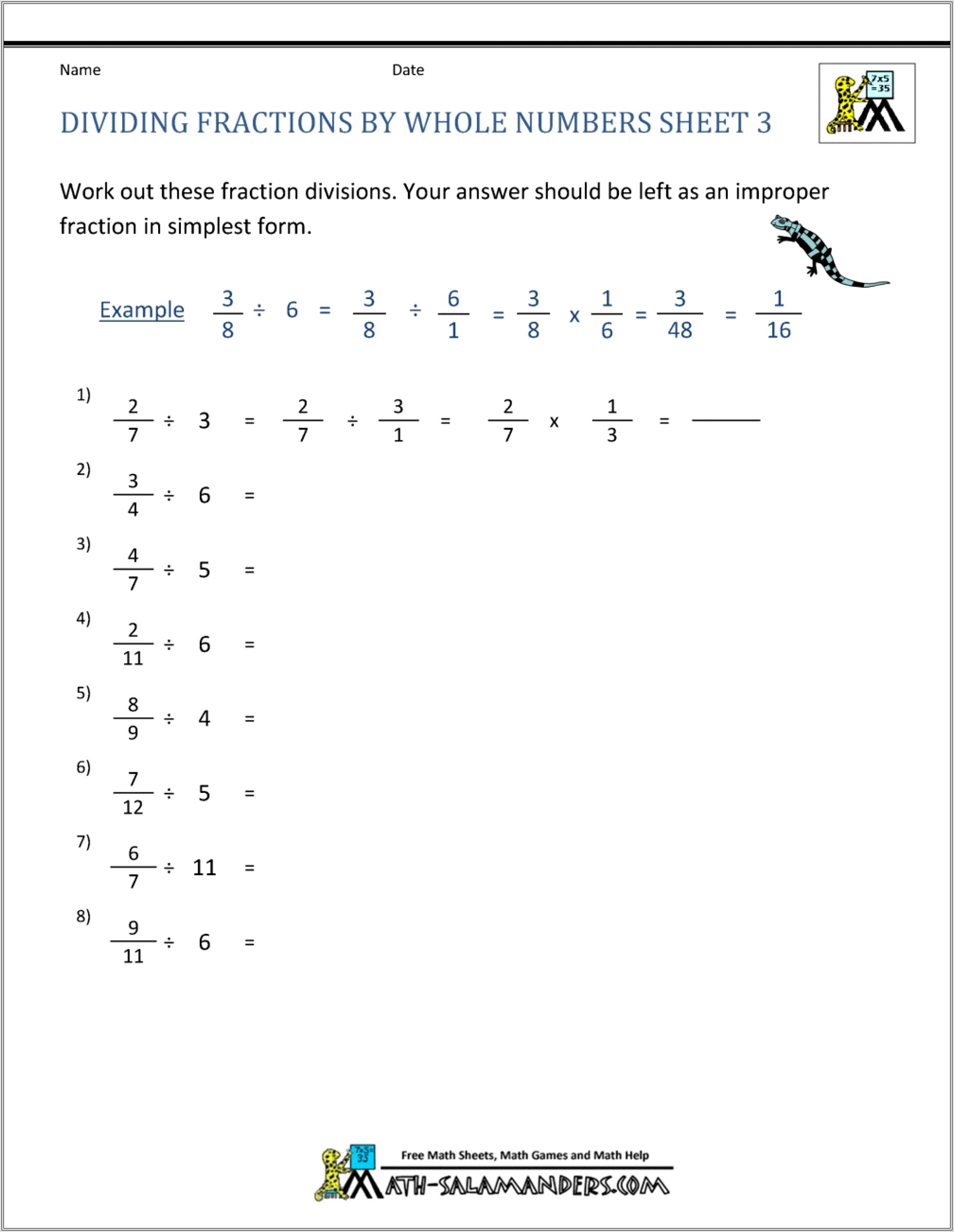Dividing Unit Fractions By Whole Numbers Worksheet